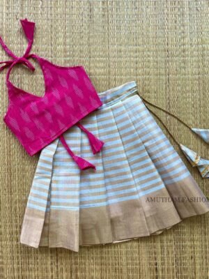 Pink Color Ikkat Sattai & Gold & Silver Zari Kerala Kasavu Paavadai (Pre Booking)