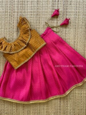 Mustard Yellow & Pink Brocade Pattu Paavadai & Sattai (Pre Booking)