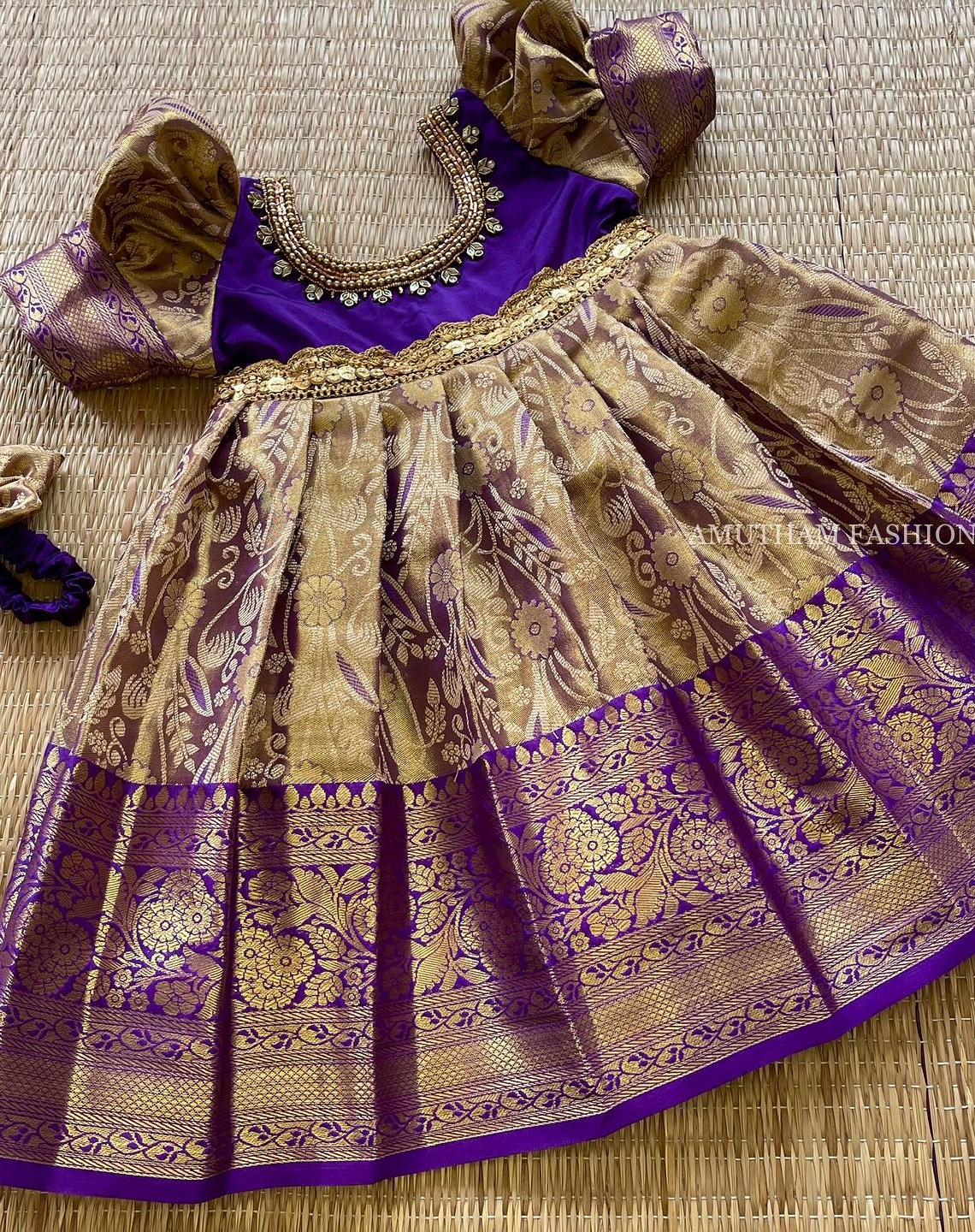 Ready to wear Kids Silk Frock Violet and Golden