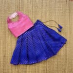 Pastel Pink & Ink Blue Brocade Silk Halter Neck Top & Skirt (Pre Booking)