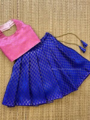 Pastel Pink & Ink Blue Brocade Silk Halter Neck Top & Skirt (Pre Booking)