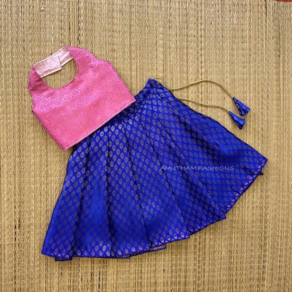 Pastel Pink & Ink Blue Brocade Silk Halter Neck Top & Skirt (Pre Booking)
