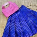 Pastel Pink & Ink Blue Brocade Silk Halter Neck Top & Skirt (Pre Booking)