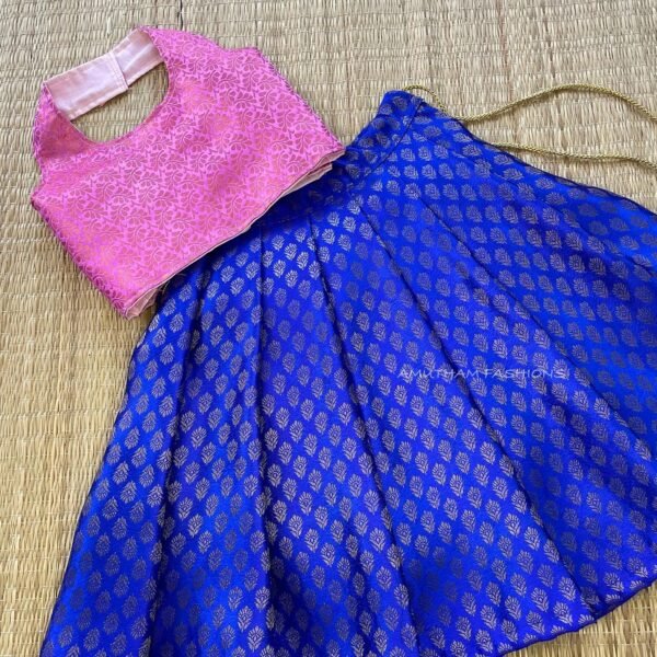 Pastel Pink & Ink Blue Brocade Silk Halter Neck Top & Skirt (Pre Booking)