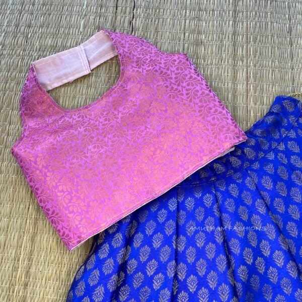 Pastel Pink & Ink Blue Brocade Silk Halter Neck Top & Skirt (Pre Booking)