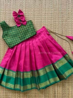 Kora Muslin Silk Paavadai & Sattai – Pink & Leaf Green (Pre Booking)