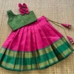 Kora Muslin Silk Paavadai & Sattai – Pink & Leaf Green (Pre Booking)