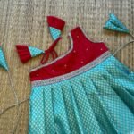 Red & Pastel Blue Kanchi Pattu Frock -Silver Zari (Ready to Dispatch)