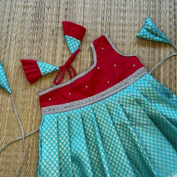 Red & Pastel Blue Kanchi Pattu Frock -Silver Zari (Ready to Dispatch)