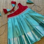 Red & Pastel Blue Kanchi Pattu Frock -Silver Zari (Ready to Dispatch)