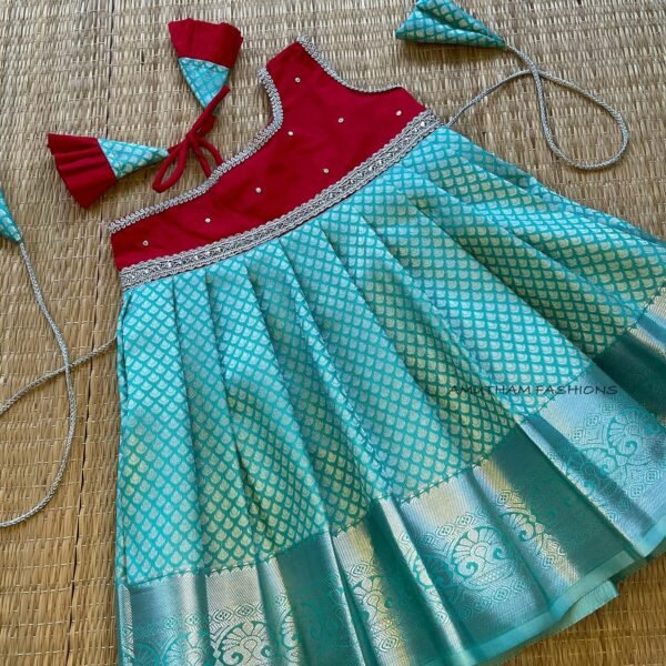 Red & Pastel Blue Kanchi Pattu Frock -Silver Zari (Ready to Dispatch)