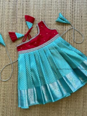 Red & Pastel Blue Kanchi Pattu Frock -Silver Zari (Ready to Dispatch)