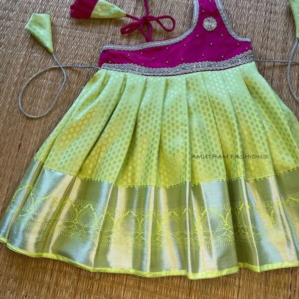 Pink & Pastel Green Kanchi Pattu Frock -Silver Zari (Ready to Dispatch)