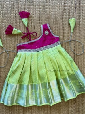Pink & Pastel Green Kanchi Pattu Frock -Silver Zari (Ready to Dispatch)