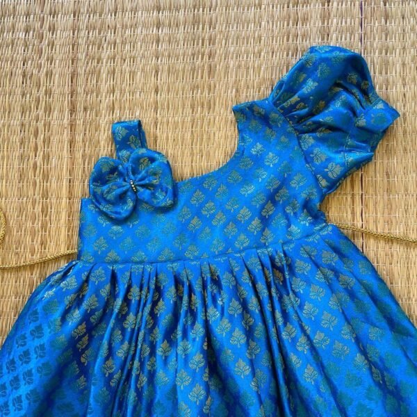 Light Blue One Side Sleeve Brocade Pattu Frock (Pre Booking)