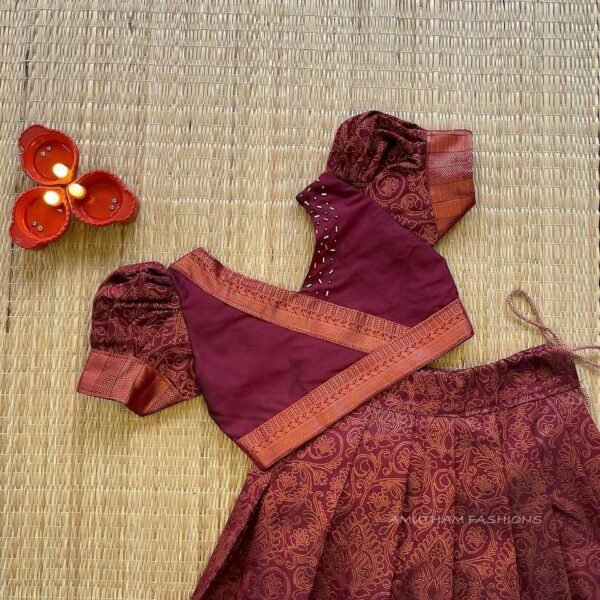 Copper Zari Weaving Deep Maroon Kanchi Pattu Paavadai & Sattai (Pre Booking)