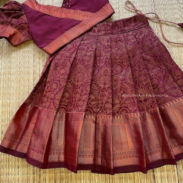 Copper Zari Weaving Deep Maroon Kanchi Pattu Paavadai & Sattai (Pre Booking)