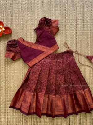 Copper Zari Weaving Deep Maroon Kanchi Pattu Paavadai & Sattai (Pre Booking)