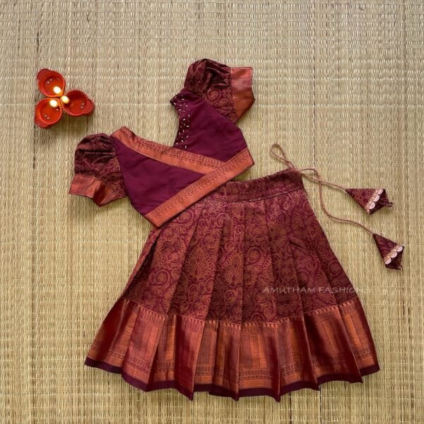 Copper Zari Weaving Deep Maroon Kanchi Pattu Paavadai & Sattai (Pre Booking)