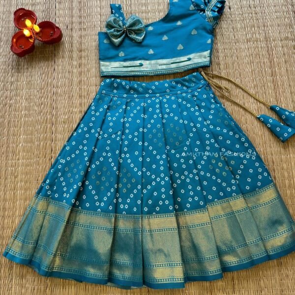Ramar Blue Color Banarasi Pattu Paavadai & Sattai in Bandhani Print (Pre Booking)
