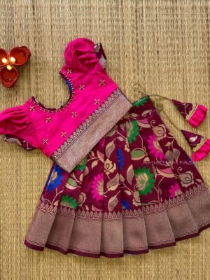 Floral Pattern Pure Litchi Silk Paavadai & Sattai – Wine Purple & Pink (Ready to Dispatch)