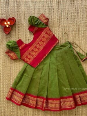 Red & Olive Green Color Handloom Kalyani Peacock Border Pattu Paavadai & Sattai (Ready to Dispatch)