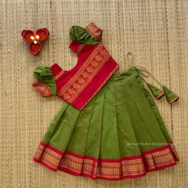 Red & Olive Green Color Handloom Kalyani Peacock Border Pattu Paavadai & Sattai (Ready to Dispatch)