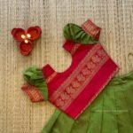 Red & Olive Green Color Handloom Kalyani Peacock Border Pattu Paavadai & Sattai (Ready to Dispatch)