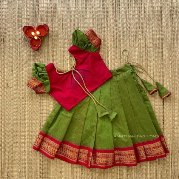 Red & Olive Green Color Handloom Kalyani Peacock Border Pattu Paavadai & Sattai (Ready to Dispatch)