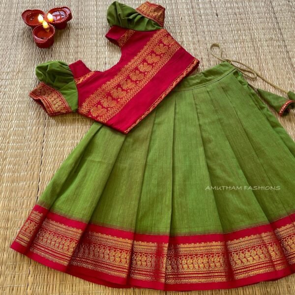 Red & Olive Green Color Handloom Kalyani Peacock Border Pattu Paavadai & Sattai (Ready to Dispatch)