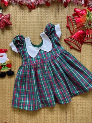 Peter Pan Collar Neck Ramar green color checked pattern frock (Jingle Bells Edits) - Pre Booking