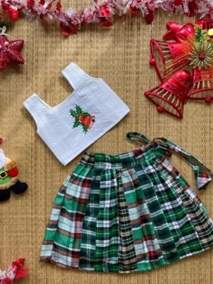 Dark Green Checks patchwork cotton mini skirt & white sleeveless cotton top (Jingle Bells Edits) - Pre Booking