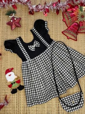 White & Black Small Checked Cotton Mini Frock with Matching Handbag (Jingle Bells Edits) - Pre Booking