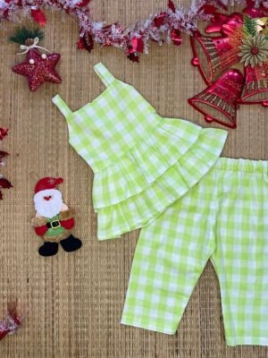 Light Green & White Checked Cotton Top & Pant (Jingle Bells Edits) - Pre Booking