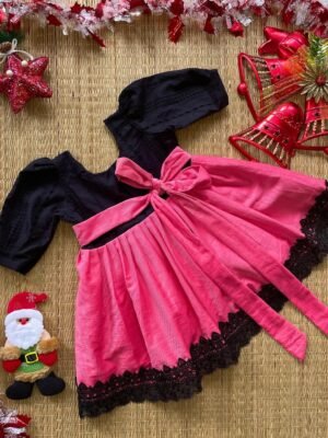 Pink & Black Hakoba Elbow Length Sleeve Mini Cotton Frock (Jingle Bells Edits) - Pre Booking