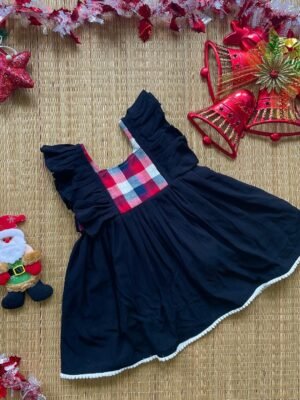 Black & Checked Side Frills Mini Frock (Jingle Bells Edits) - Pre Booking