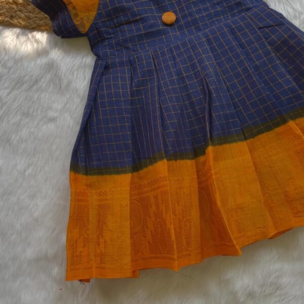 Dark Blue & Mustard Yellow Sungudi Cotton Frock- Netted Puff Sleeves (Ready to Dispatch)