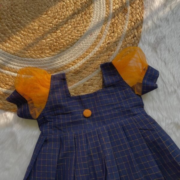 Dark Blue & Mustard Yellow Sungudi Cotton Frock- Netted Puff Sleeves (Ready to Dispatch)