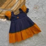 Dark Blue & Mustard Yellow Sungudi Cotton Frock- Netted Puff Sleeves (Ready to Dispatch)