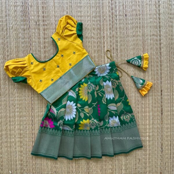 Forest Green & Yellow Color Floral Weaving Banarasi Pattu Paavadai & Sattai with Sequins Work Duppata (Ready to Dispatch)