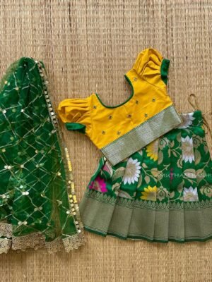 Forest Green & Yellow Color Floral Weaving Banarasi Pattu Paavadai & Sattai with Sequins Work Duppata (Ready to Dispatch)