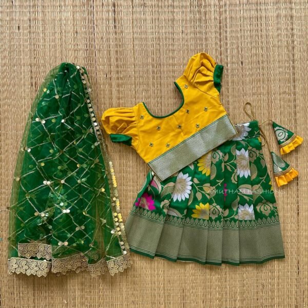 Forest Green & Yellow Color Floral Weaving Banarasi Pattu Paavadai & Sattai with Sequins Work Duppata (Ready to Dispatch)