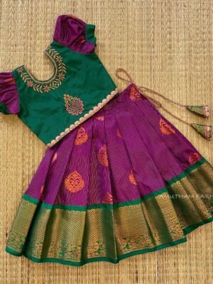 Deep Purple & Dark Green Combo Copper Zari Weaving Vairaoosi Kanchipattu Paavadai & Sattai (Pre Booking)