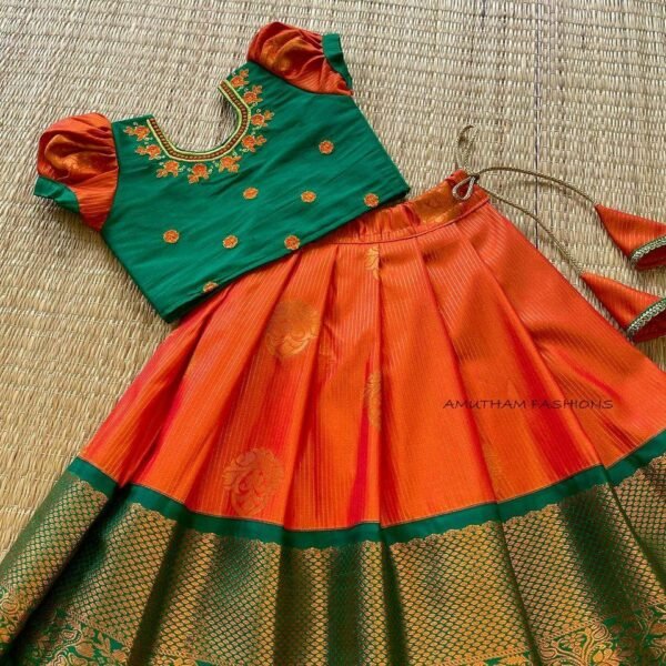 Indian Green & Orange Combo Golden Zari Weaving Vairaoosi Kanchipattu Paavadai & Sattai (Pre Booking)