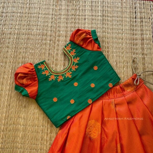 Indian Green & Orange Combo Golden Zari Weaving Vairaoosi Kanchipattu Paavadai & Sattai (Pre Booking)