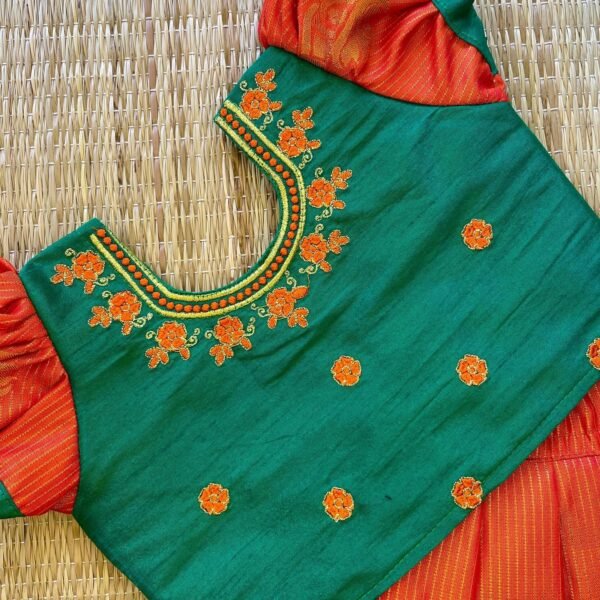 Indian Green & Orange Combo Golden Zari Weaving Vairaoosi Kanchipattu Paavadai & Sattai (Pre Booking)