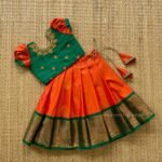 Indian Green & Orange Combo Golden Zari Weaving Vairaoosi Kanchipattu Paavadai & Sattai (Pre Booking)