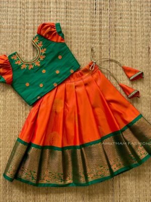 Indian Green & Orange Combo Golden Zari Weaving Vairaoosi Kanchipattu Paavadai & Sattai (Pre Booking)