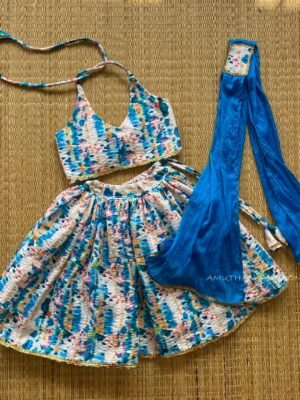 Tie & Die Knot type neck top & lehenga with Duppata (Blue Combo) (Pre Booking)