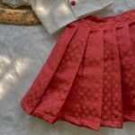 White Silk Cotton Collar Neck Top & Dark Peach Banarasi Skirt (Pre Booking)